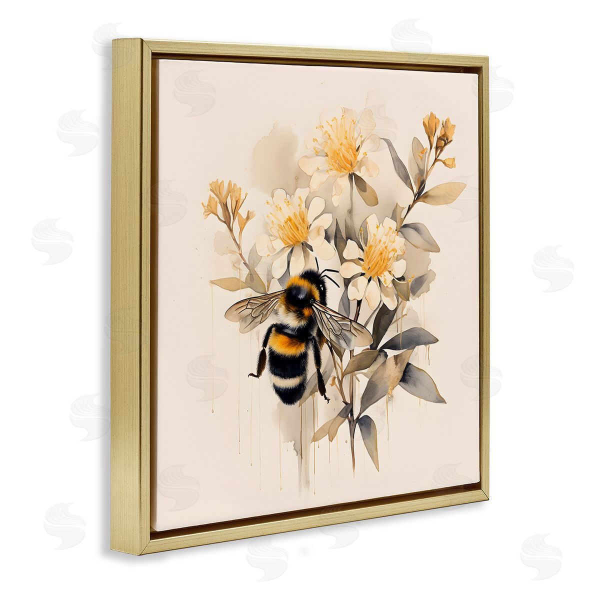 Honeybee with Daisies Gold Floating Frame Canvas Wall Art, Home Decor by Petal Prints Design