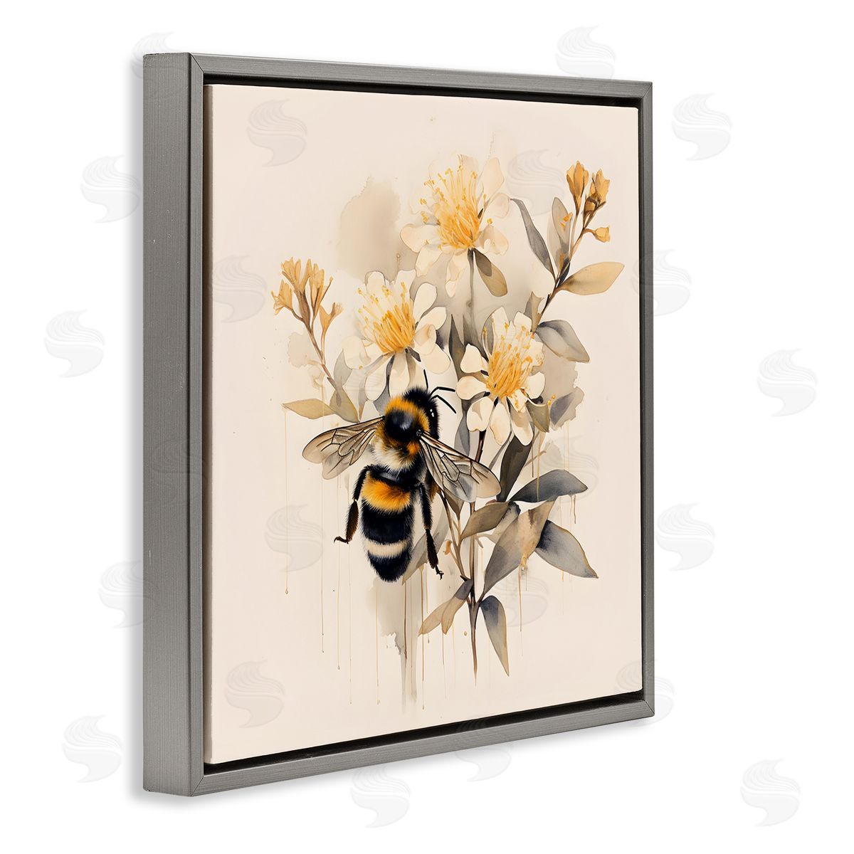 Honeybee with Daisies Grey Floating Frame Canvas Wall Art, Home Decor by Petal Prints Design