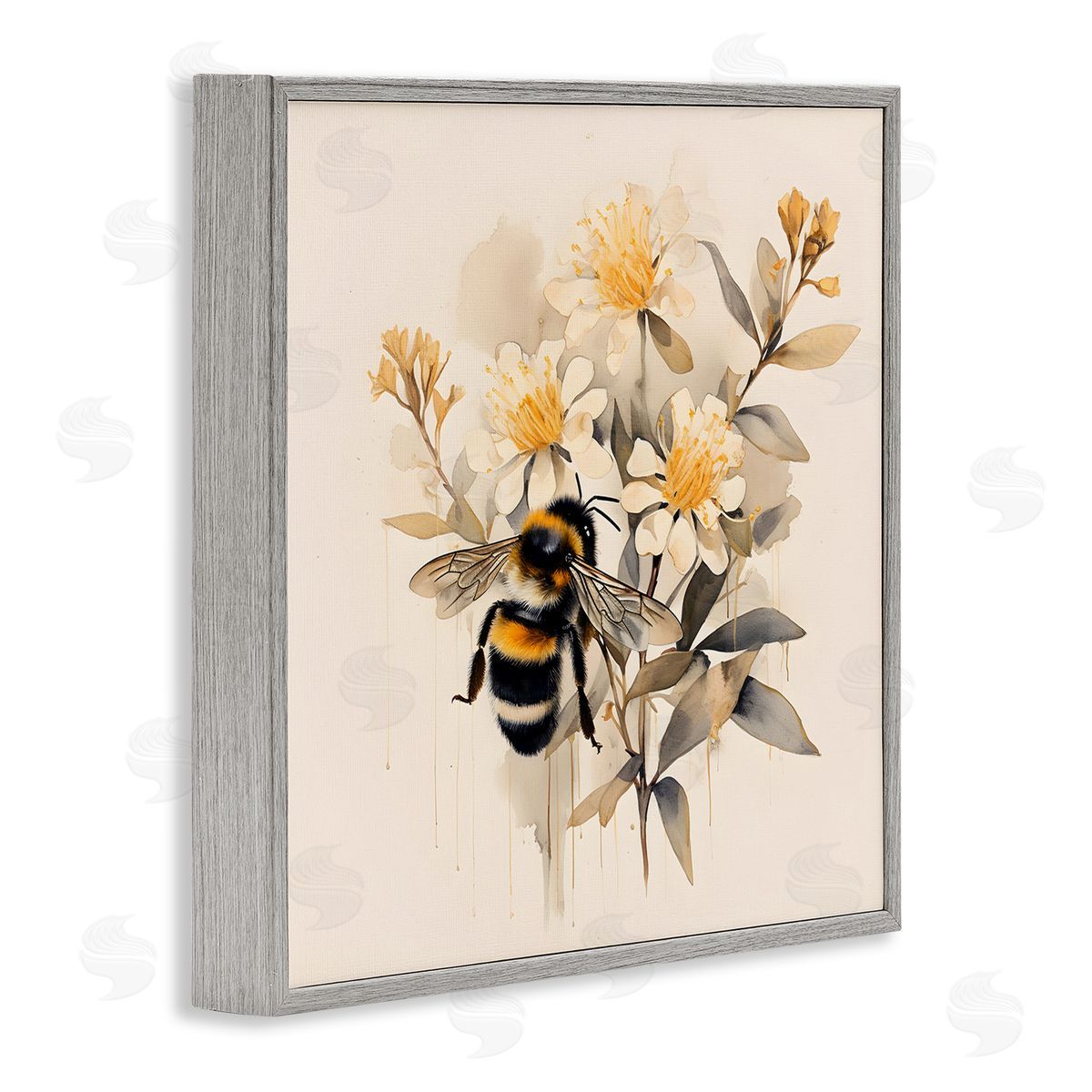 Honeybee with Daisies Grey Frame Print Wall Art, Home Decor by Petal Prints Design