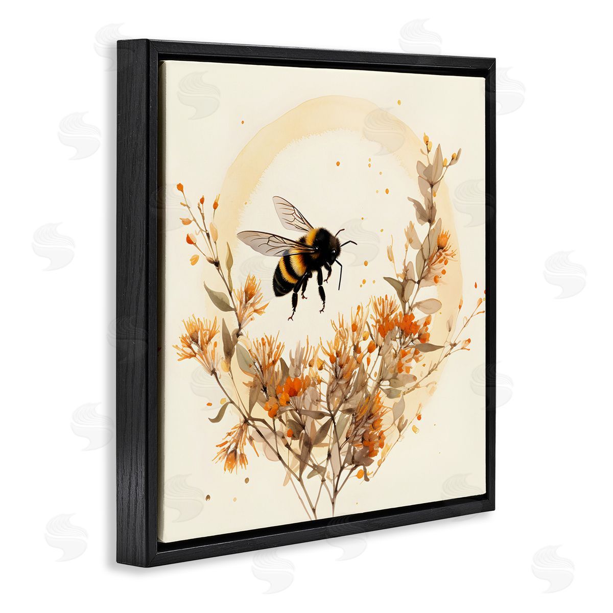 Bee Florals View Black Floating Frame Canvas Wall Art, Home Decor by Petal Prints Design