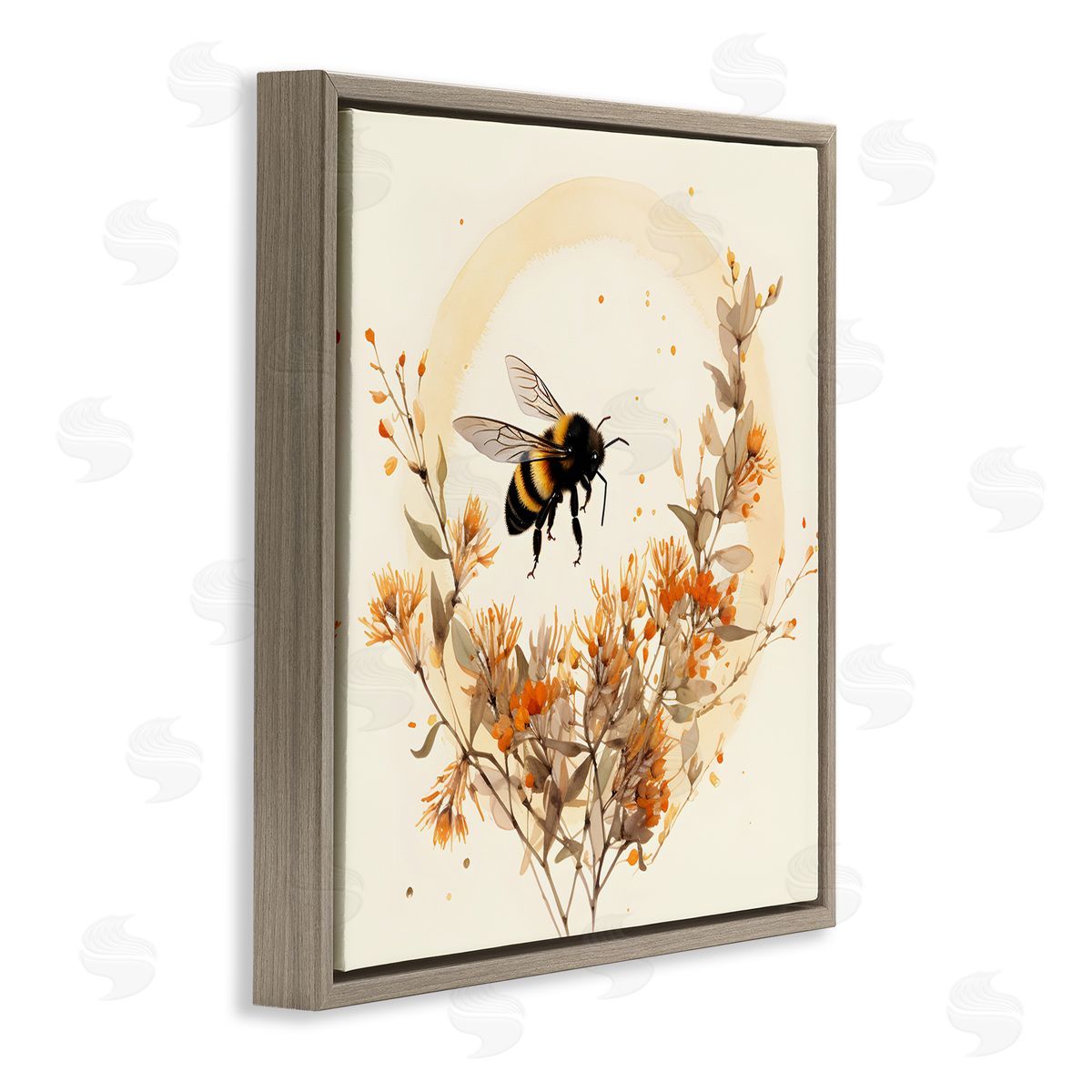 Bee Florals View Brown Floating Frame Canvas Wall Art, Home Decor by Petal Prints Design