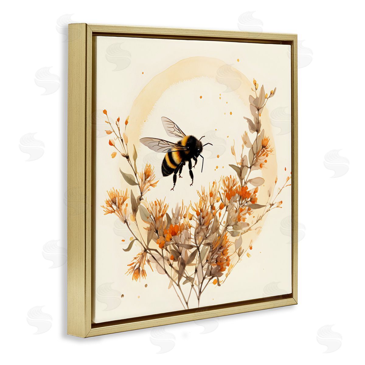 Bee Florals View Gold Floating Frame Canvas Wall Art, Home Decor by Petal Prints Design