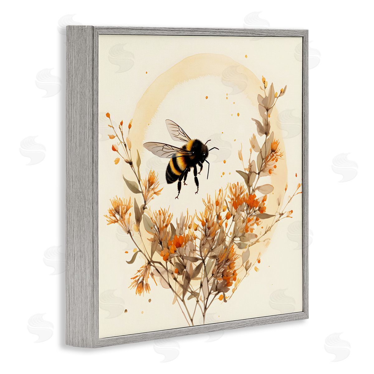 Bee Florals View Grey Frame Print Wall Art, Home Decor by Petal Prints Design