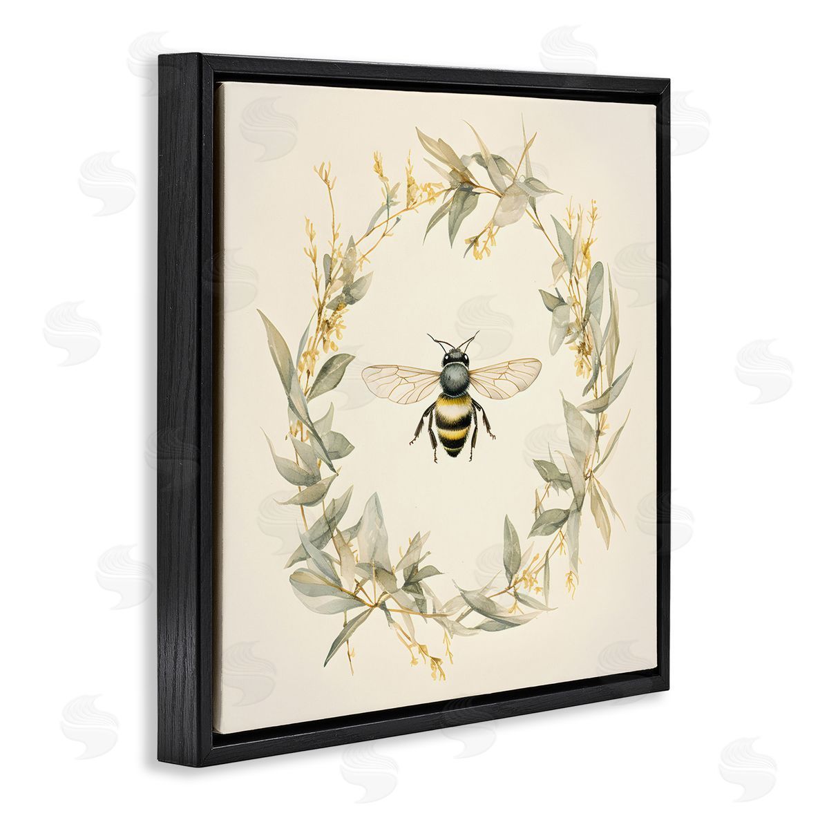 Soft Bee Wreath Black Floating Frame Canvas Wall Art, Home Decor by Petal Prints Design