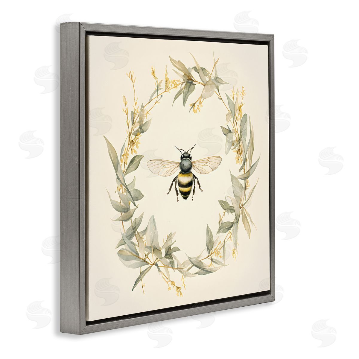 Soft Bee Wreath Grey Floating Frame Canvas Wall Art, Home Decor by Petal Prints Design
