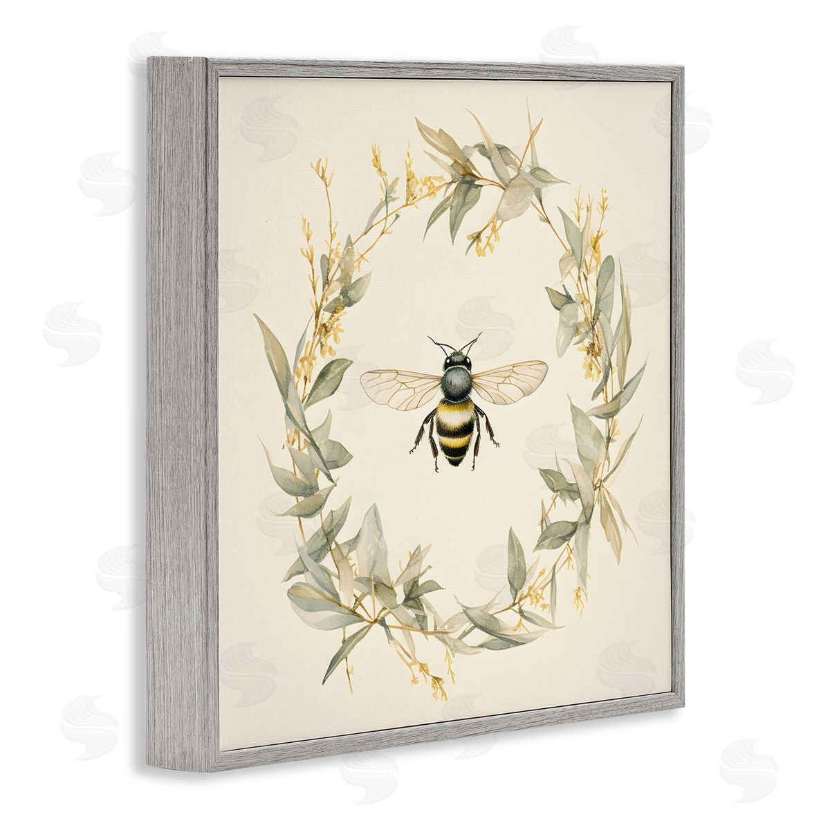 Soft Bee Wreath Grey Frame Print Wall Art, Home Decor by Petal Prints Design