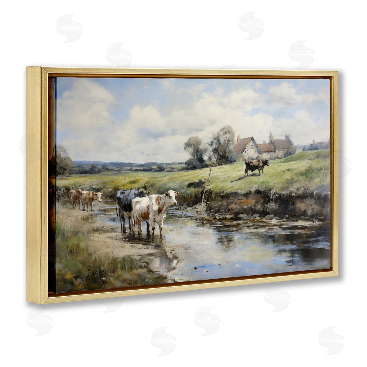 Petal Prints Design Free Roaming Cattle Gold Floating Frame Canvas Wall Art Print
