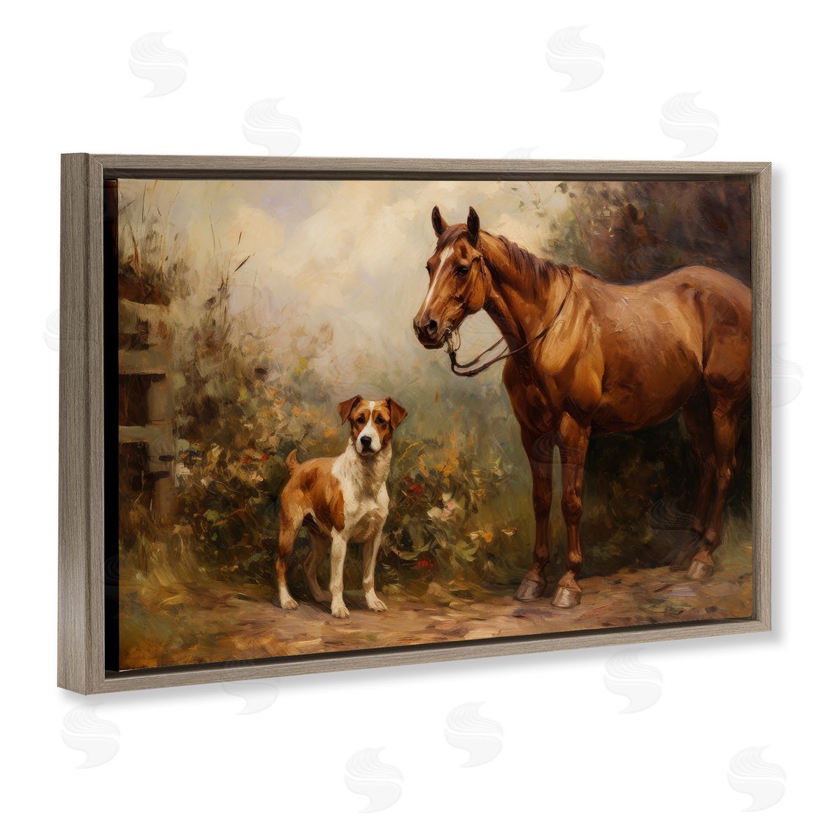 Horse and Dog in Nature Brown Floating Frame Canvas Wall Art, Home Decor by Petal Prints Design