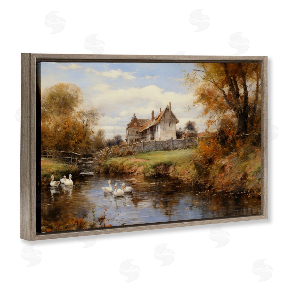 Petal Prints Design Ducks in Cottage River Brown Floating Frame Canvas Wall Art Print
