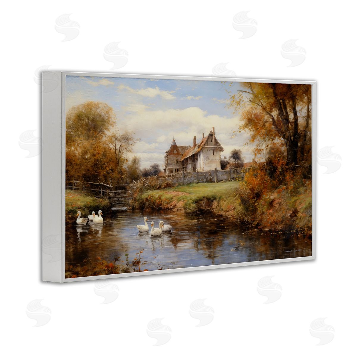 Petal Prints Design Ducks in Cottage River White Framed Giclee Wall Art Print