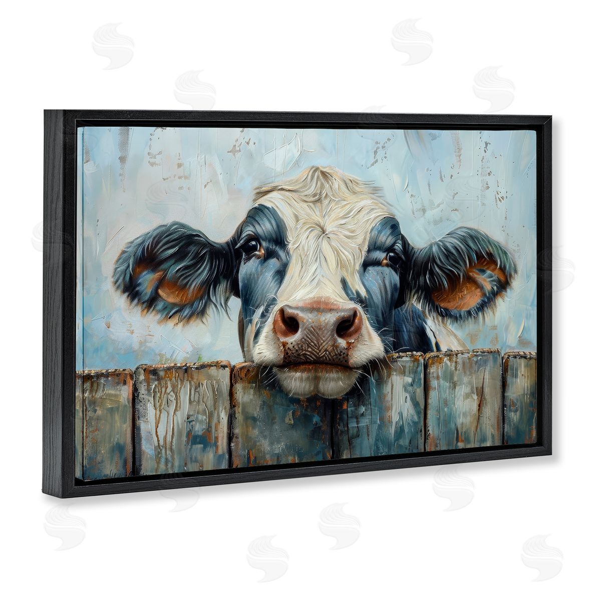 Howdy Neighbor Cow Black Floating Frame Canvas Wall Art, Home Decor by Petals Prints Design