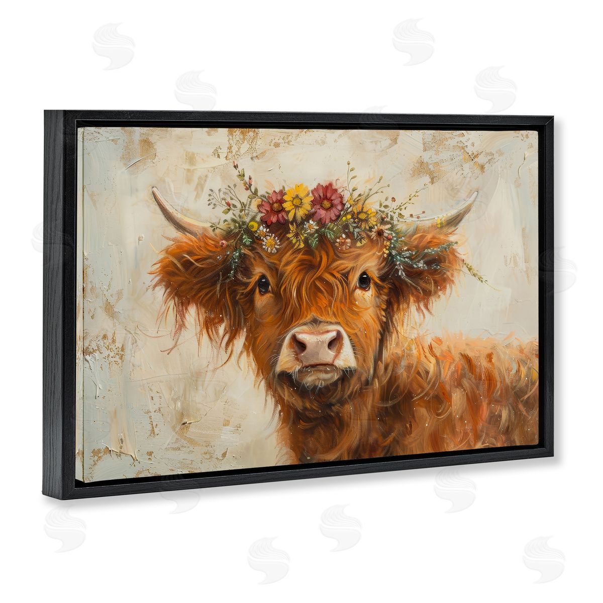 Floral Crown Highland Black Floating Frame Canvas Wall Art, Home Decor by Petals Prints Design