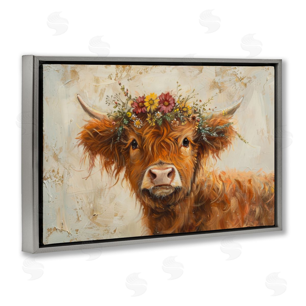 Floral Crown Highland Grey Floating Frame Canvas Wall Art, Home Decor by Petals Prints Design