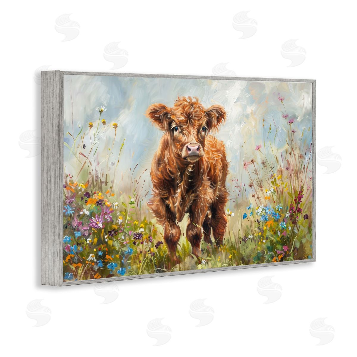Mountain Cow Scene Grey Frame Print Wall Art, Home Decor by Petals Prints Design