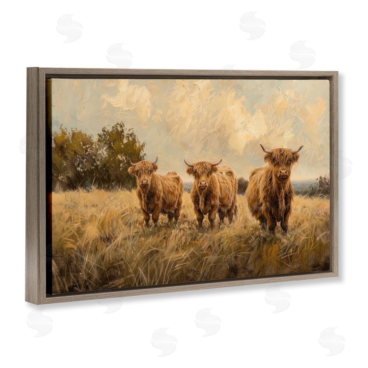 Three's A Party Cattle Brown Floating Frame Canvas Wall Art, Home Decor by Petals Prints Design