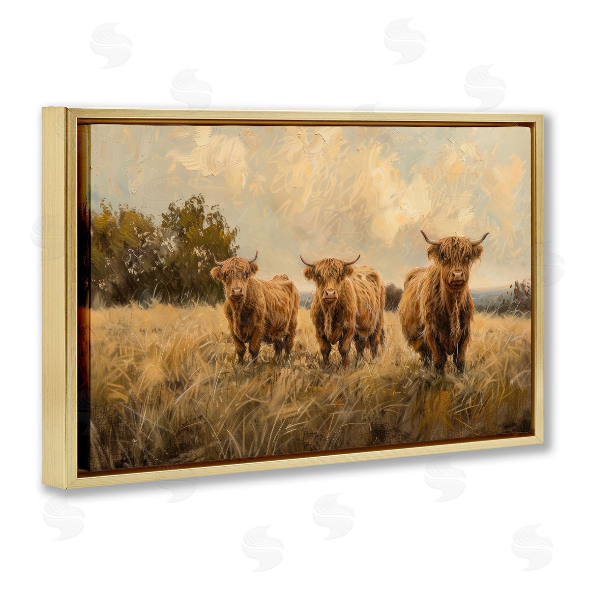 Three's A Party Cattle Gold Floating Frame Canvas Wall Art, Home Decor by Petals Prints Design