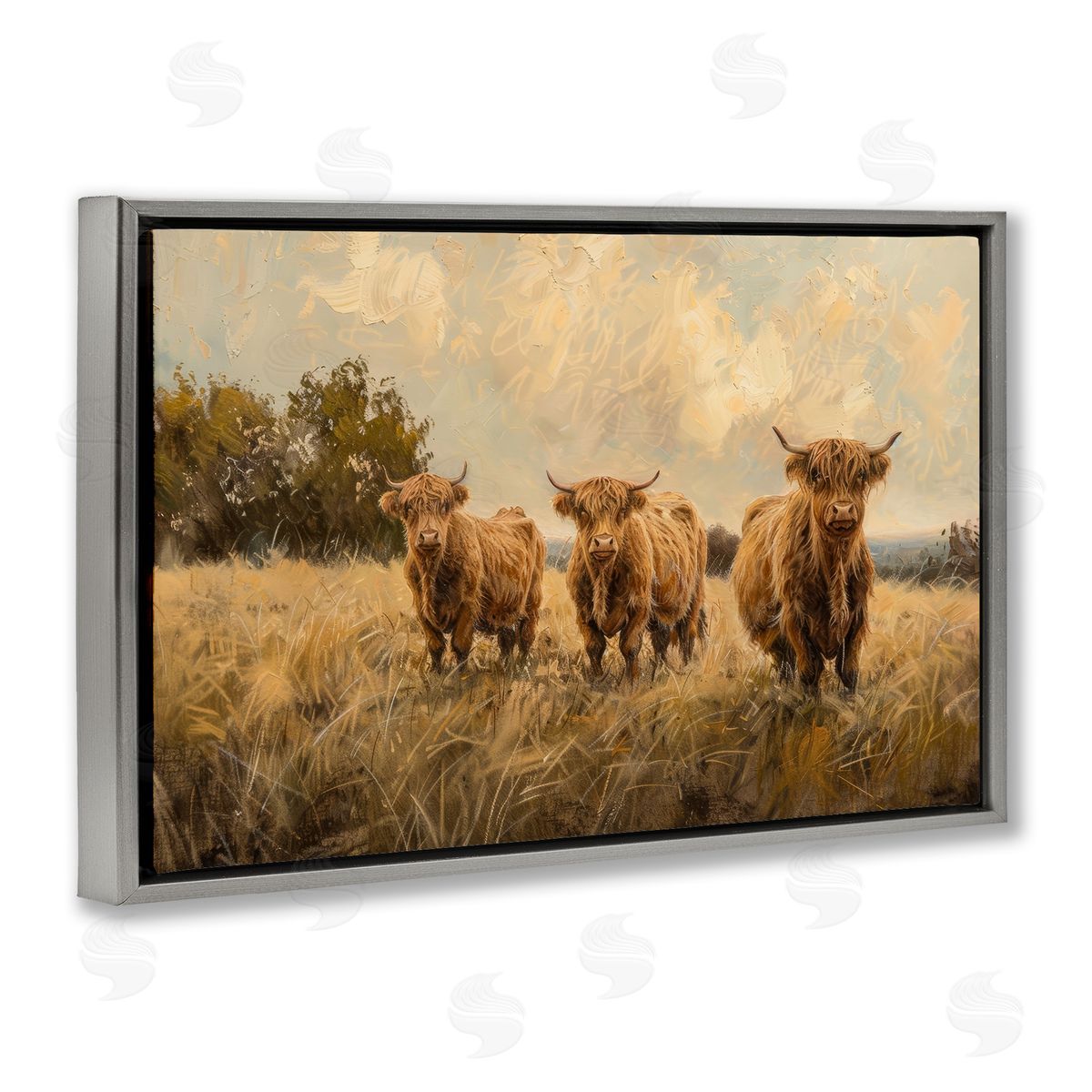 Three's A Party Cattle Grey Floating Frame Canvas Wall Art, Home Decor by Petals Prints Design