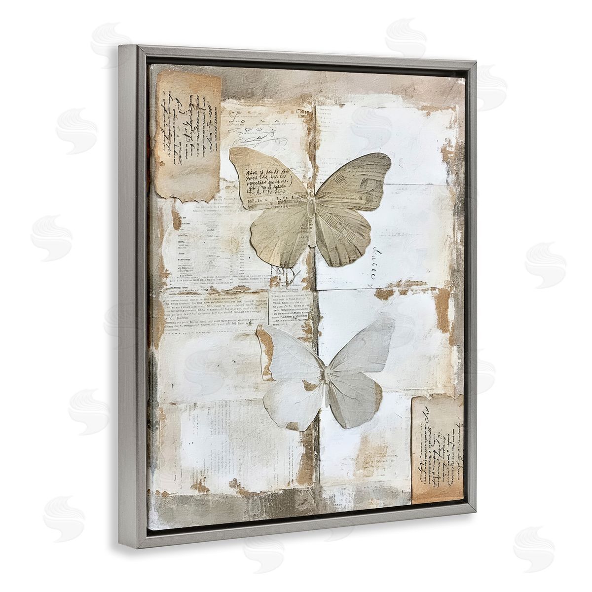 Riley B Vintage Butterfly Collage Gray Floating Frame Canvas Wall Art Print