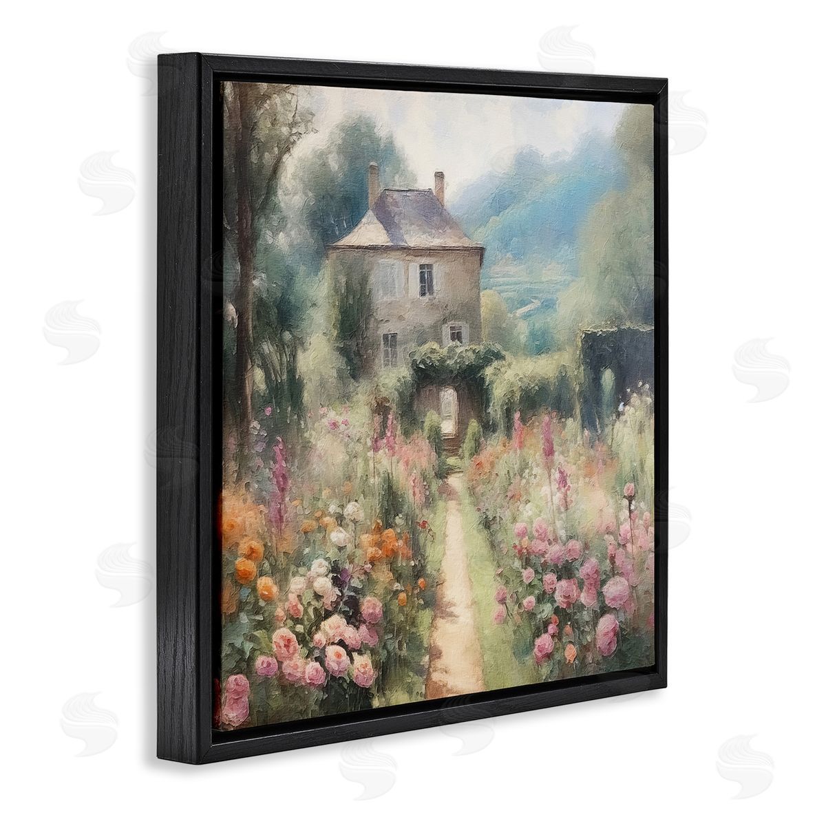 Blooming Cottage Path Black Floating Frame Canvas Wall Art, Home Decor by RileyB