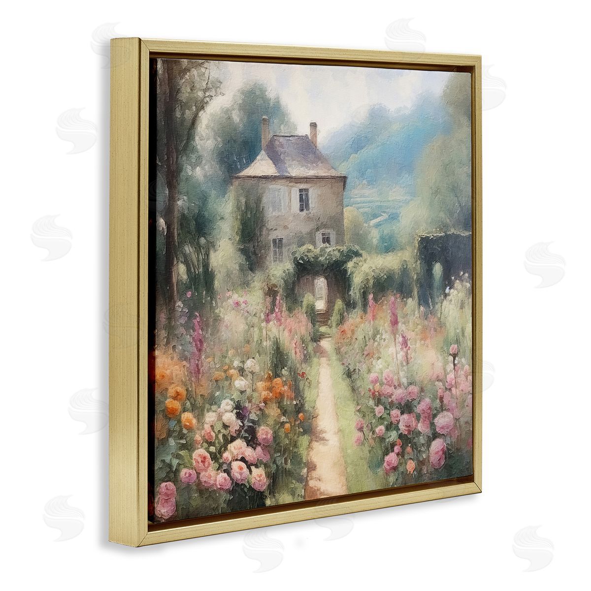 Blooming Cottage Path Gold Floating Frame Canvas Wall Art, Home Decor by RileyB