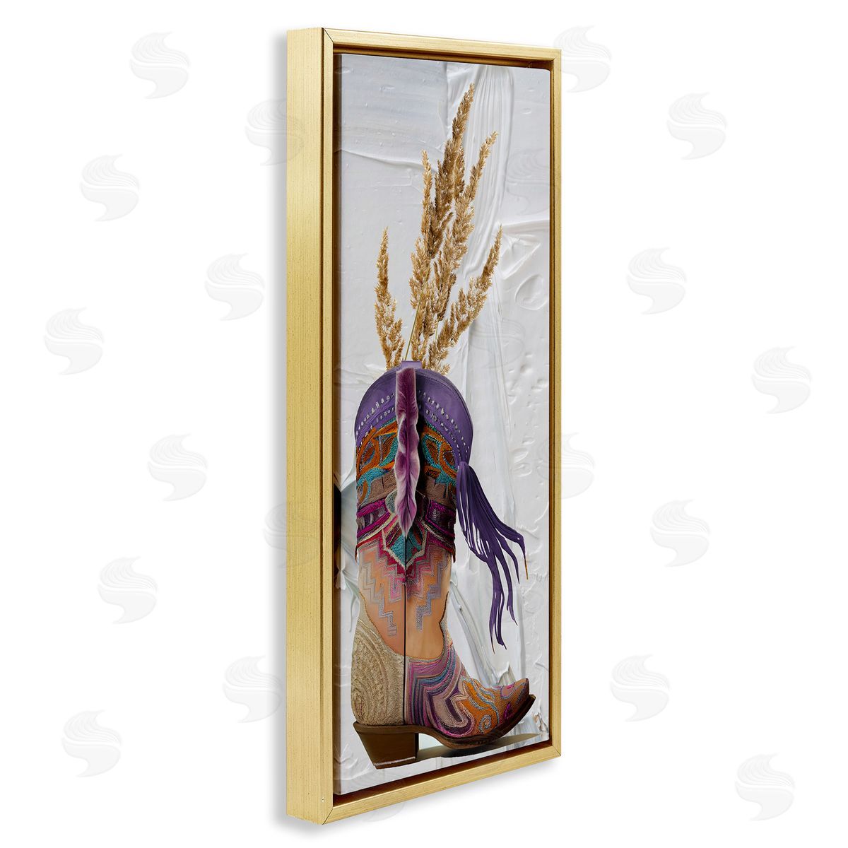 Cowboy Boot and Wheat Gold Floating Frame Canvas Wall Art, Home Decor by Sasha