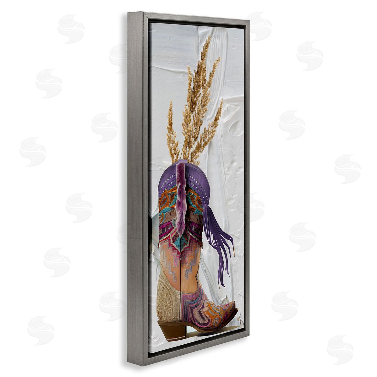 Cowboy Boot and Wheat Grey Floating Frame Canvas Wall Art, Home Decor by Sasha