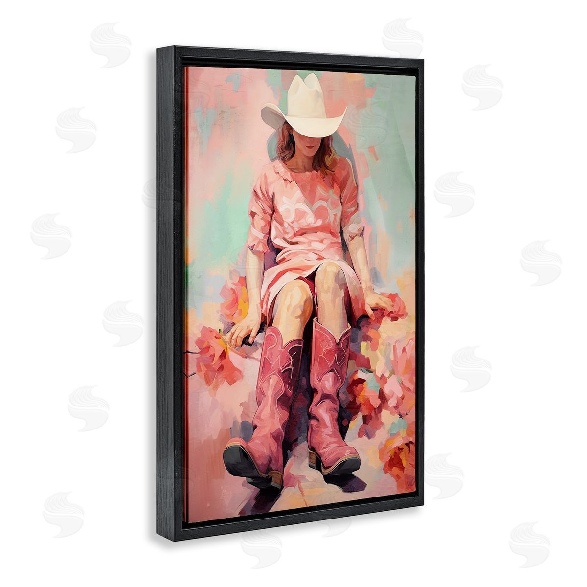 Cowgirl and Soft Florals Black Floating Frame Canvas Wall Art, Home Decor by Sasha