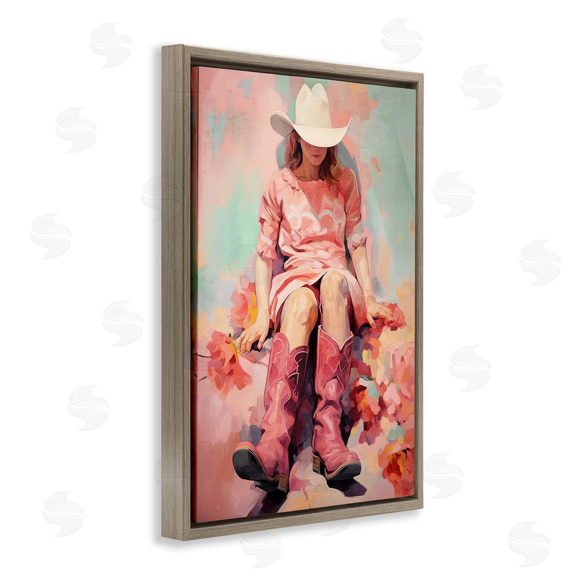 Cowgirl and Soft Florals Brown Floating Frame Canvas Wall Art, Home Decor by Sasha