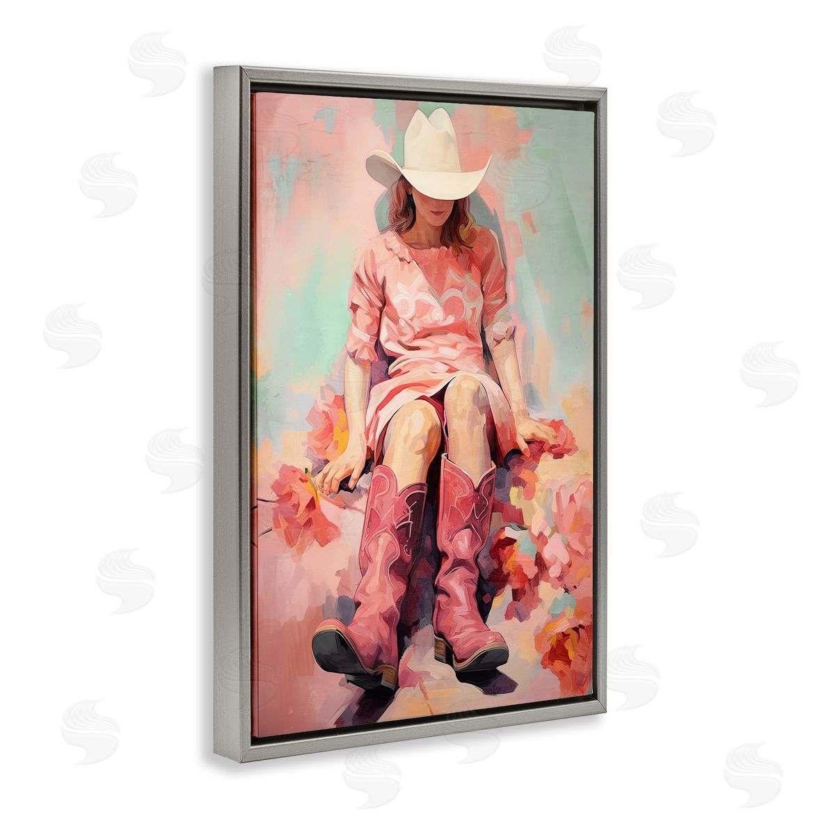 Cowgirl and Soft Florals Grey Floating Frame Canvas Wall Art, Home Decor by Sasha