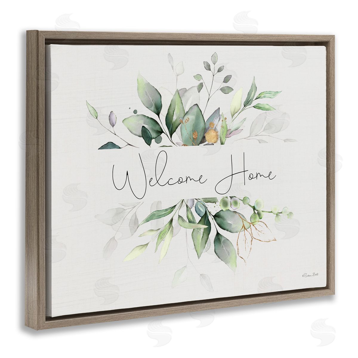 Soft Leaves Welcome Brown Floating Frame Canvas Wall Art, Home Decor by Susan Ball