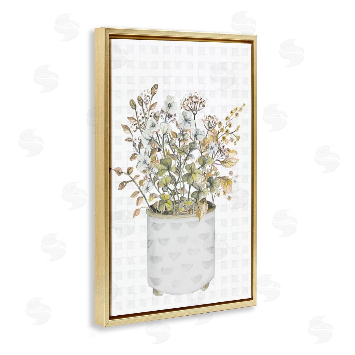 Neutral Potted Wildflowers Gold Floating Frame Canvas Wall Art, Home Decor by Janice Gaynor