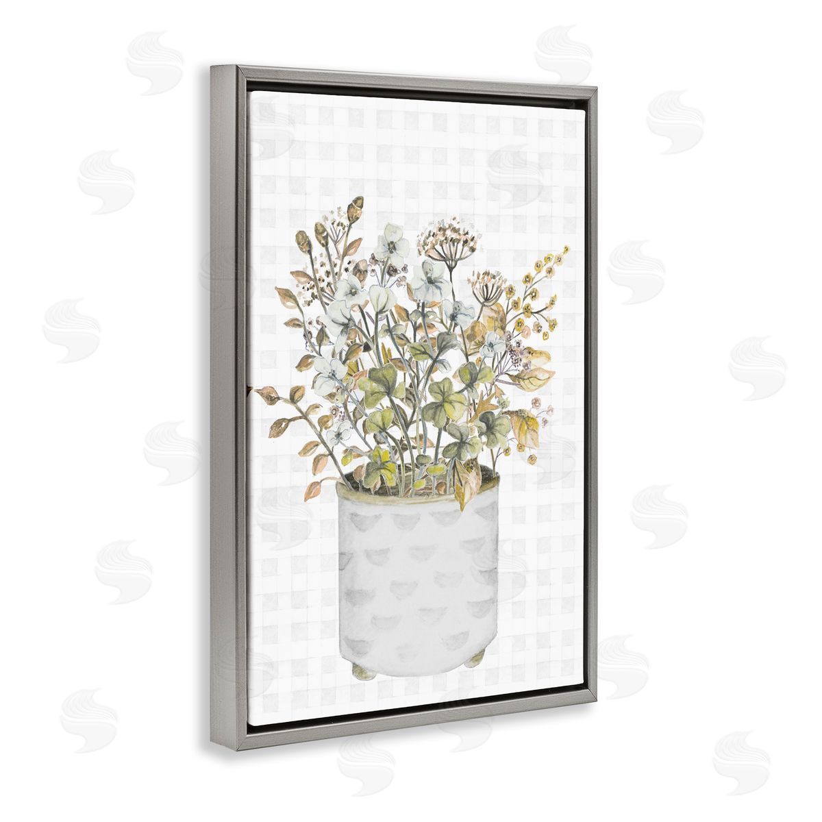 Neutral Potted Wildflowers Grey Floating Frame Canvas Wall Art, Home Decor by Janice Gaynor