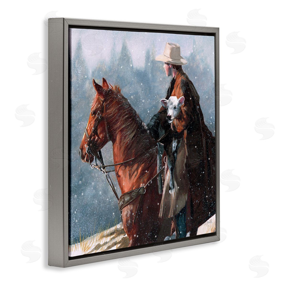 Cowboy Snow Scene Grey Floating Frame Canvas Wall Art, Home Decor by Victoria Schultz