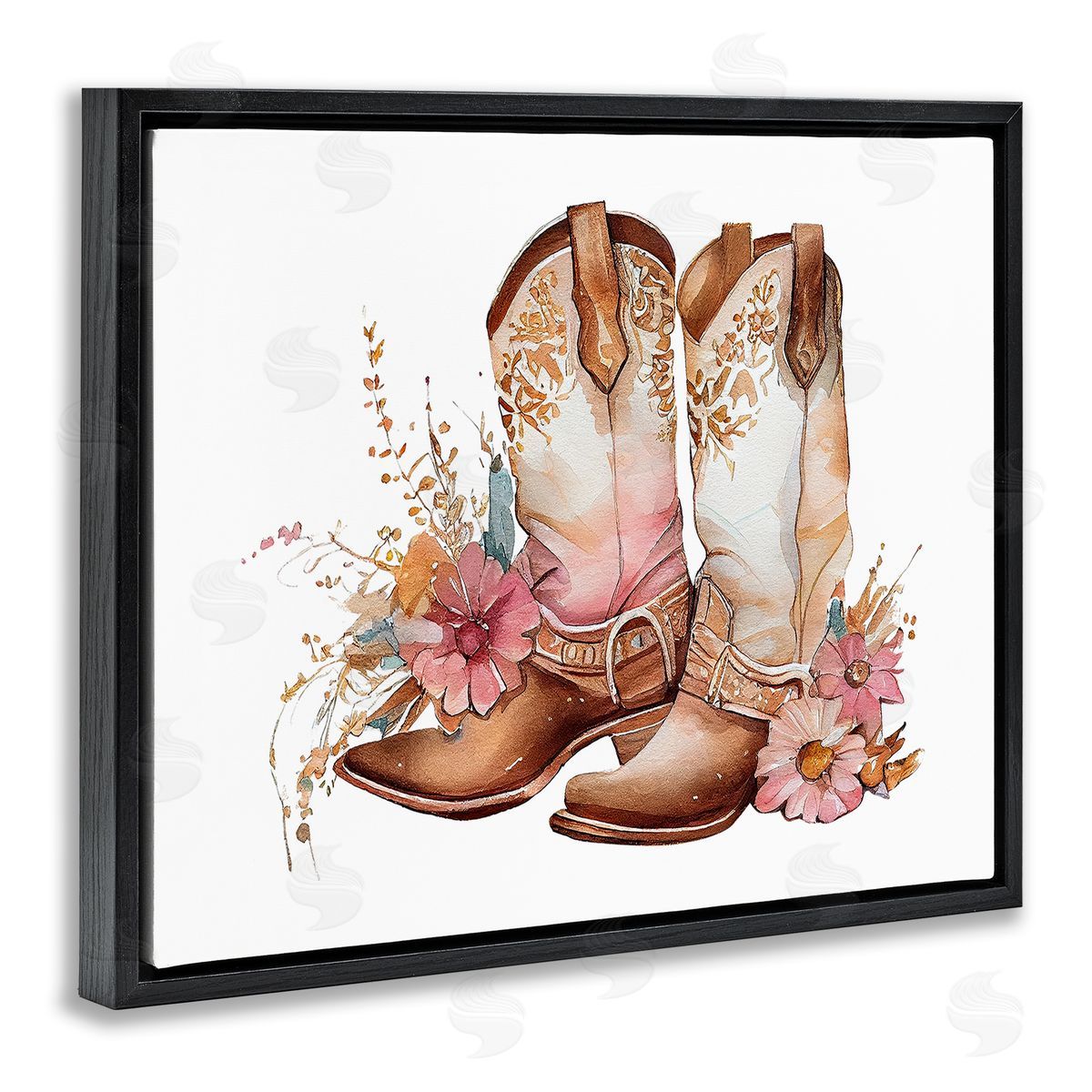 Birch & Ink Blooming Cowboy Boots Black Floating Frame Canvas Wall Art Print