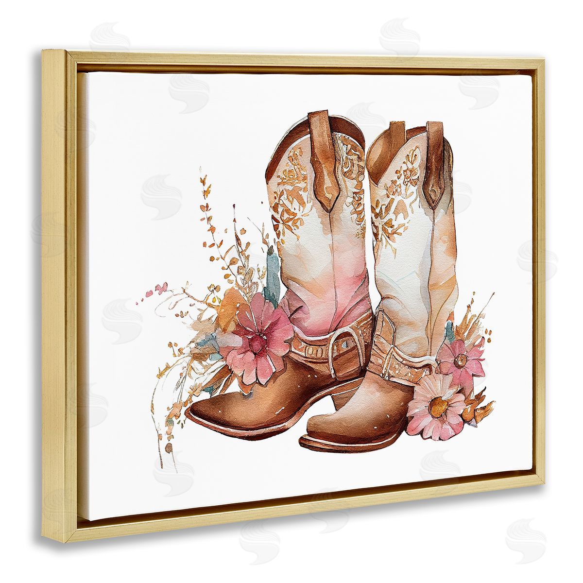 Birch & Ink Blooming Cowboy Boots Gold Floating Frame Canvas Wall Art Print