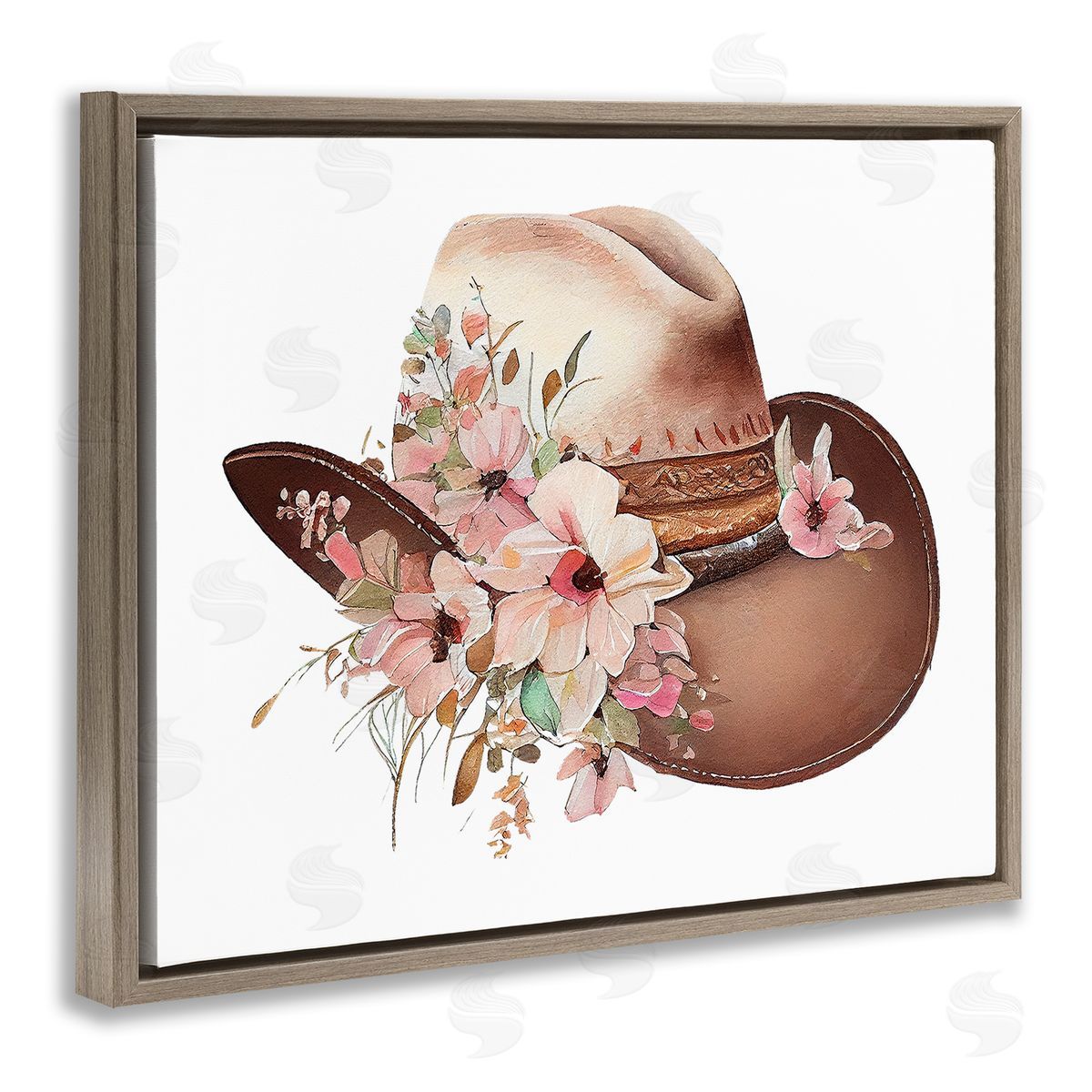 Birch & Ink Pink Floral Cowboy Hat Brown Floating Frame Canvas Wall Art Print