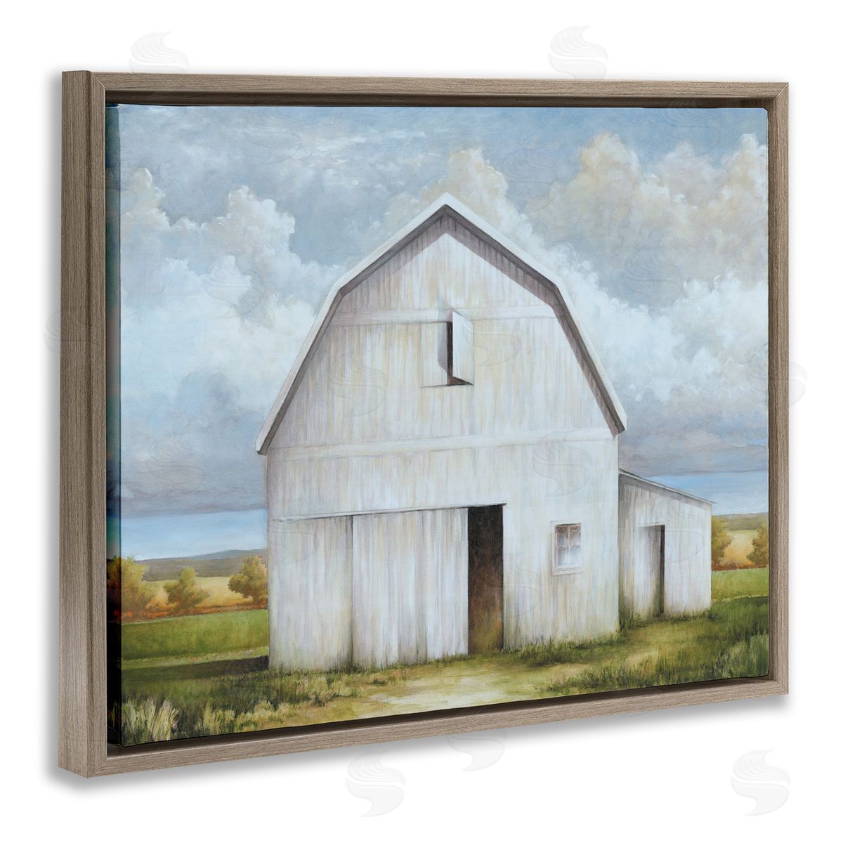 White Barn with Clouds Brown Floating Frame Canvas Wall Art, Home Decor by White Ladder
