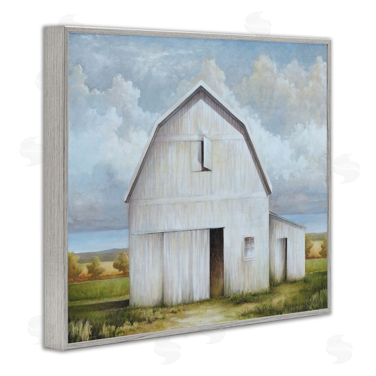 White Barn with Clouds Grey Frame Print Wall Art, Home Decor by White Ladder