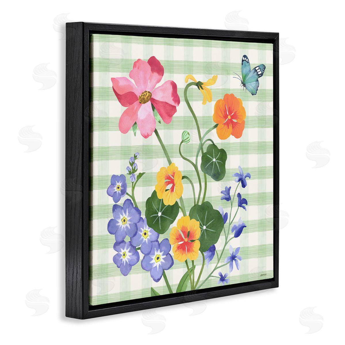 Gingham Garden Flowers Black Floating Frame Canvas Wall Art, Home Decor by Levison Design