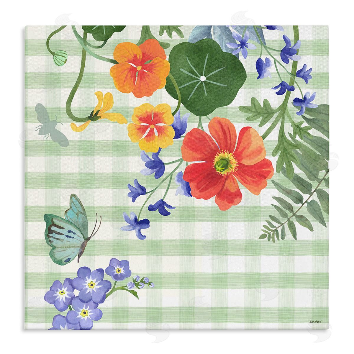 Green Gingham and Poppies Canvas Wall Art, Home Decor by Levison Design