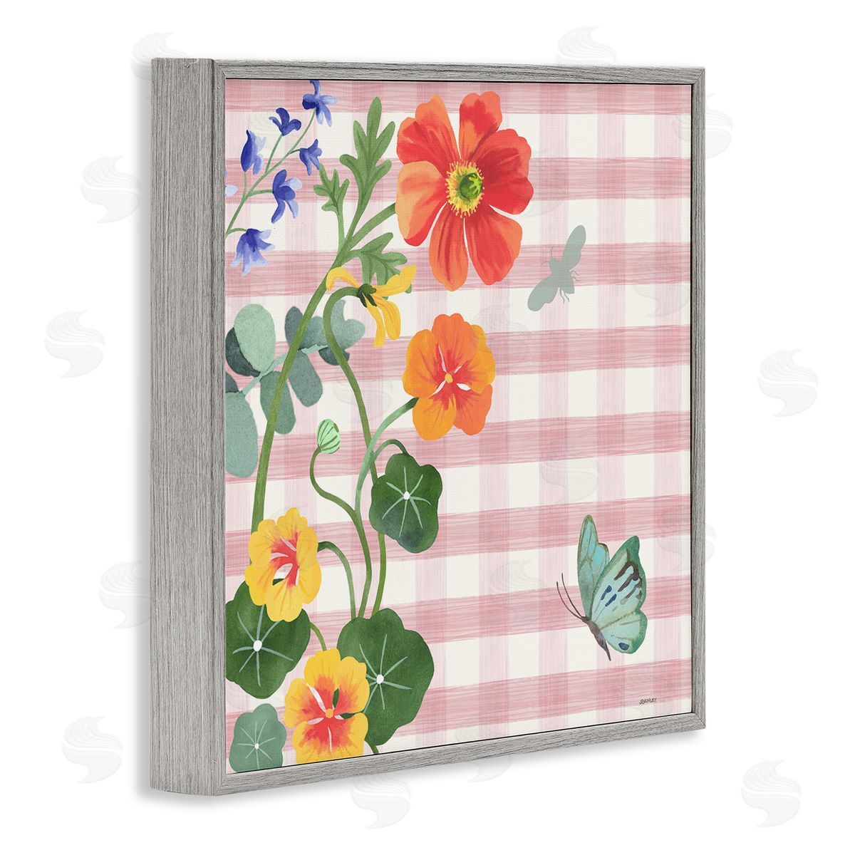 Garden Poppies on Gingham Grey Frame Print Wall Art, Home Decor by Levison Design