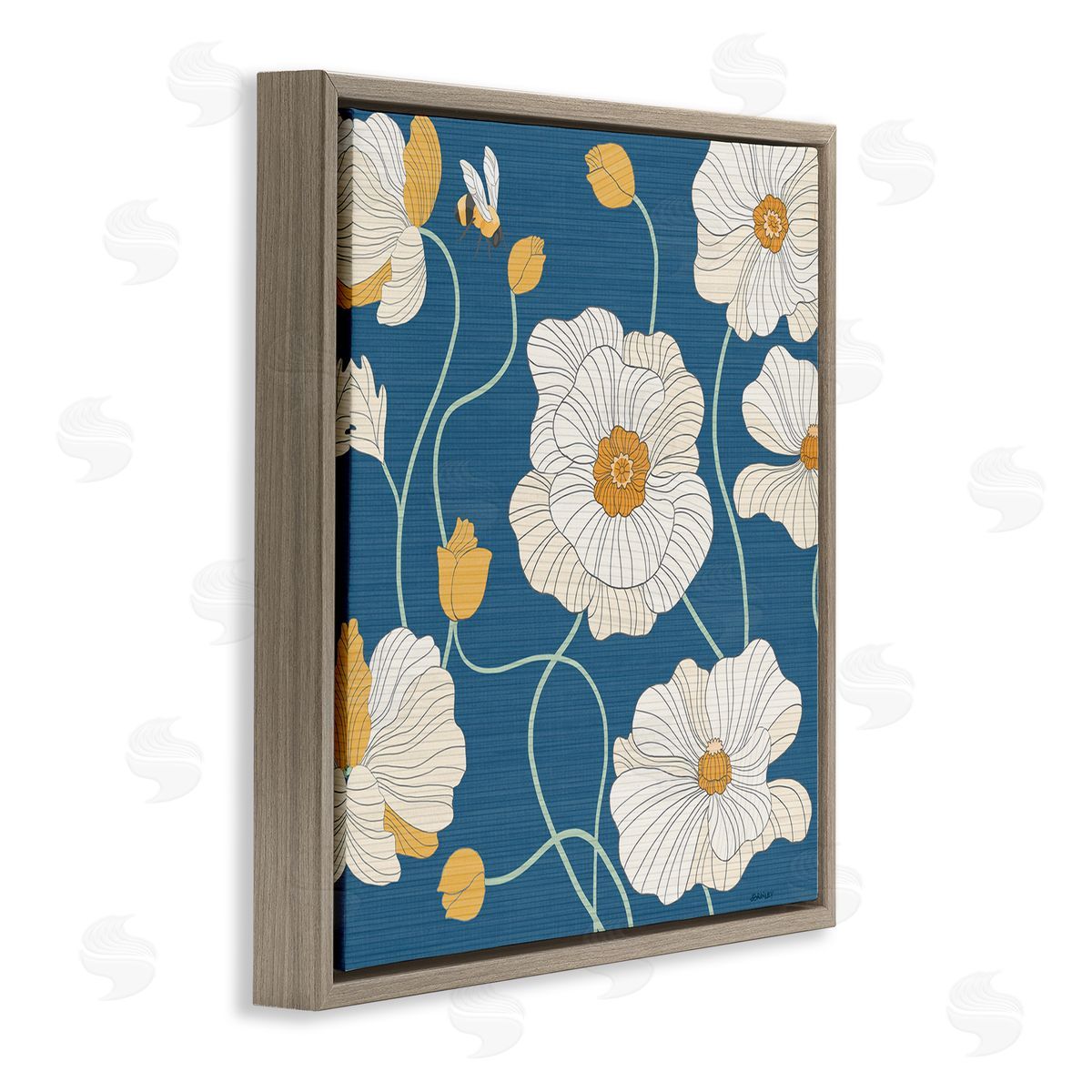 Levison Design Bee & White Poppies Brown Floating Frame Canvas Wall Art Print