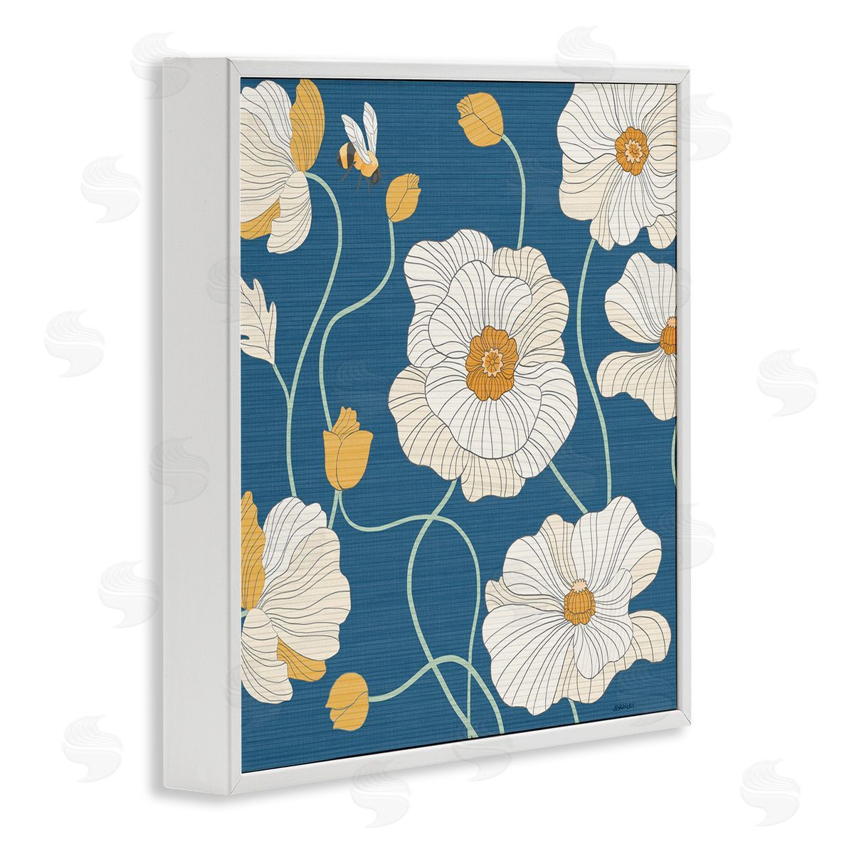 Levison Design Bee & White Poppies White Framed Giclee Wall Art Print