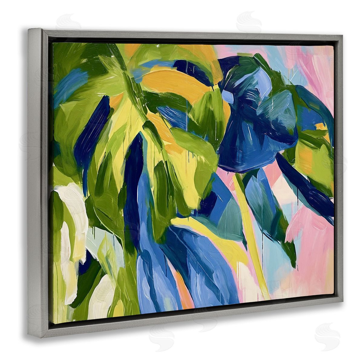 Tropical Leaves Layered Grey Floating Frame Canvas Wall Art, Home Decor by Ramona Murdock