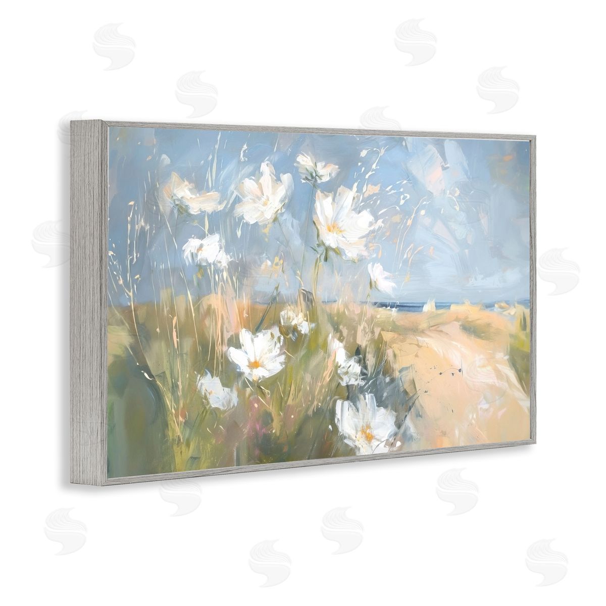 Seaside Wildflowers Scenery Grey Frame Print Wall Art, Home Decor by Ramona Murdock