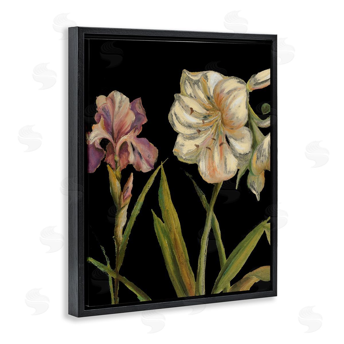 Iris Flowers on Black Black Floating Frame Canvas Wall Art, Home Decor by Patricia Pinto