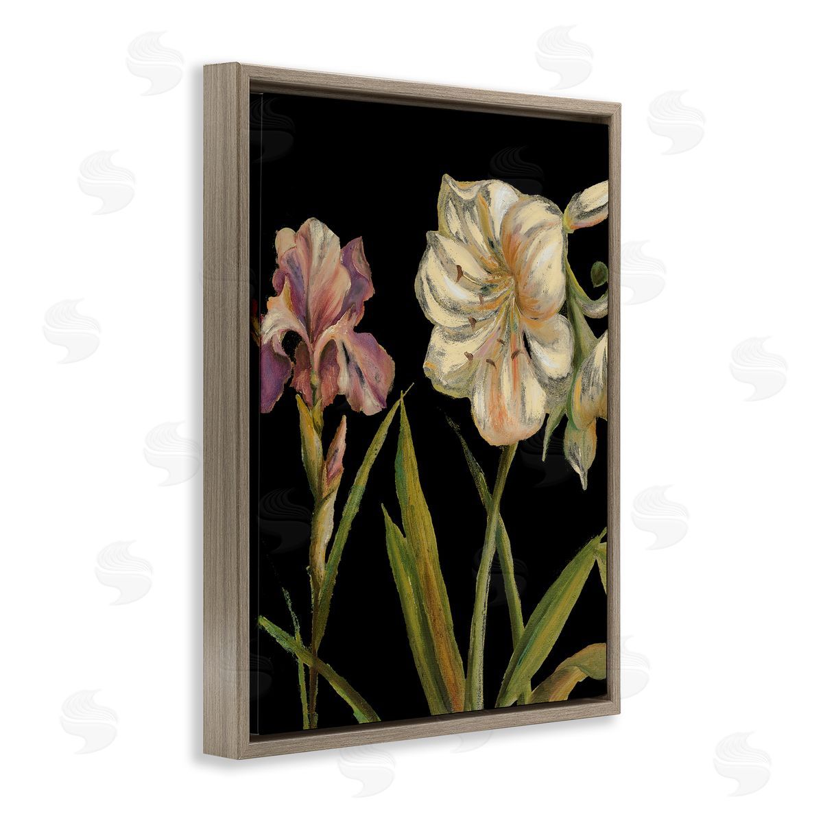 Iris Flowers on Black Brown Floating Frame Canvas Wall Art, Home Decor by Patricia Pinto