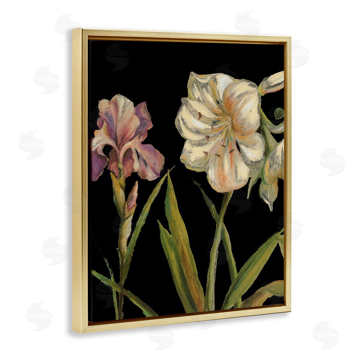 Iris Flowers on Black Gold Floating Frame Canvas Wall Art, Home Decor by Patricia Pinto
