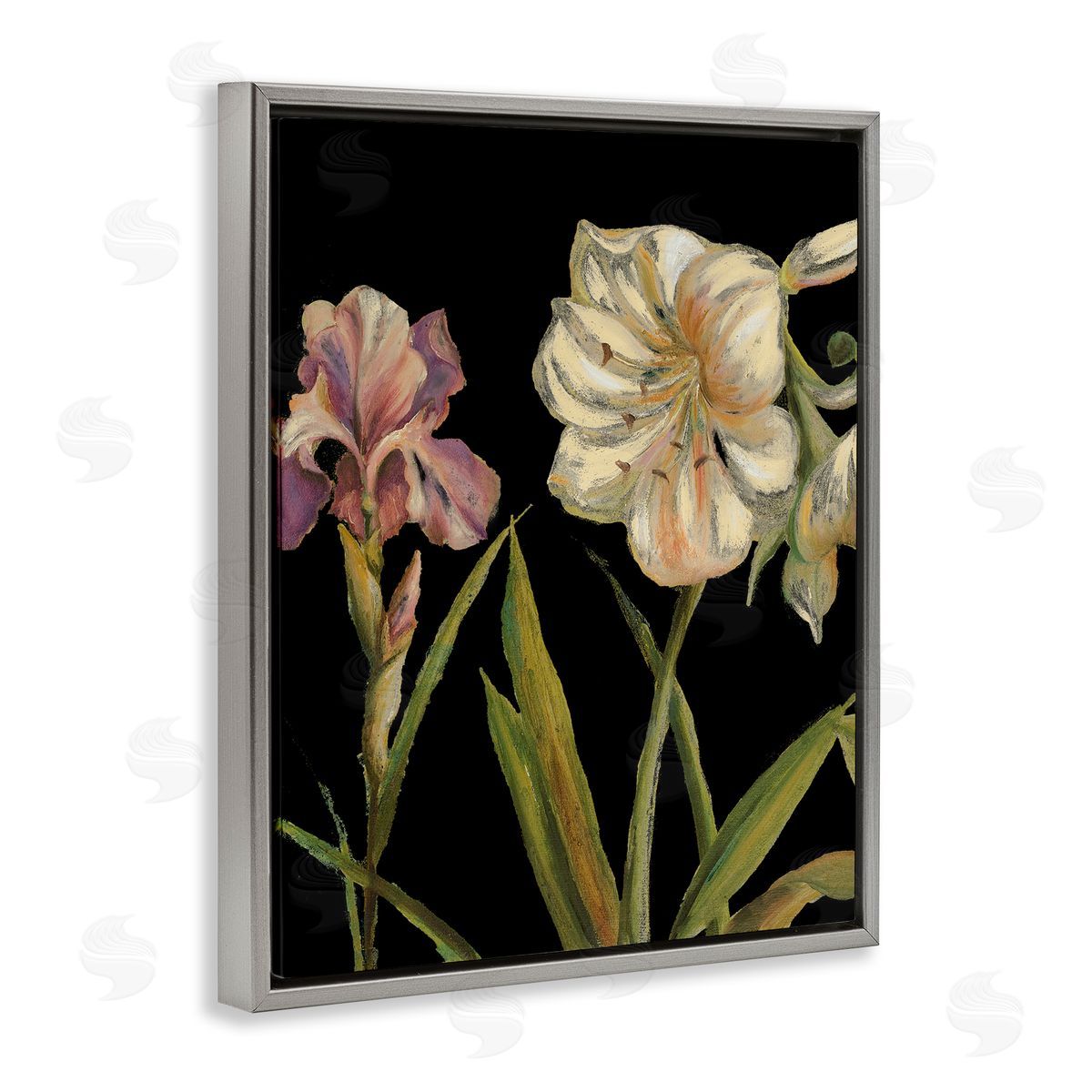 Iris Flowers on Black Grey Floating Frame Canvas Wall Art, Home Decor by Patricia Pinto