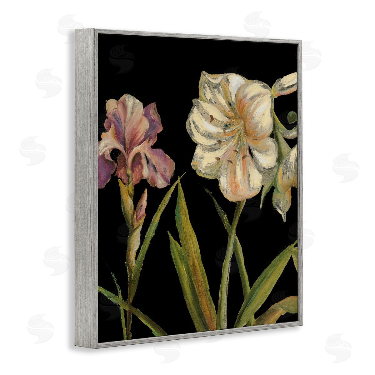 Iris Flowers on Black Grey Frame Print Wall Art, Home Decor by Patricia Pinto